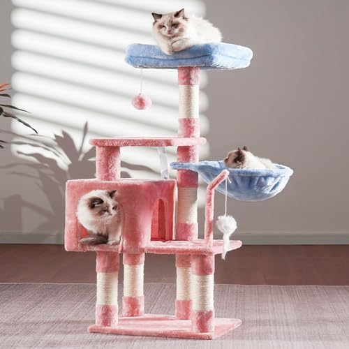 Heybly Cat Tree with Toy, 43.3 inch Cat Tower condo for Indoor Cats, Cat House with Padded Plush Perch, Cozy Hammock and Sisal Scratching Posts, Blue and Pink HCT004SBP - Image 2