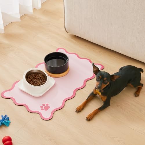 Scalloped Dog Feeding Mat, Absorbent Mats for Dog Food and Water Bowl, Dispenser, Feeder, Trendy Cute Aesthetic Pet Placemat for Dogs, Cats, Puppy Accessories Pink, 12" x 19" - Image 2
