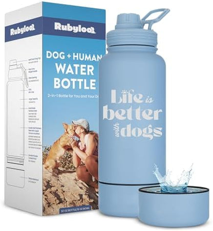 Rubyloo Dog Water Bottle w/Detachable Bowl for Dog Lovers, Life is Better by Rubyloo