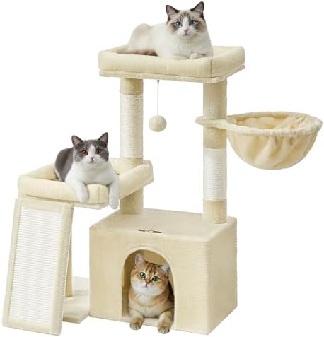 Feandrea Cat Tree, 33.8" Cat Tower Condo, Scratching Posts and Ramp, Beige by FeandreabySONGMICSHOME