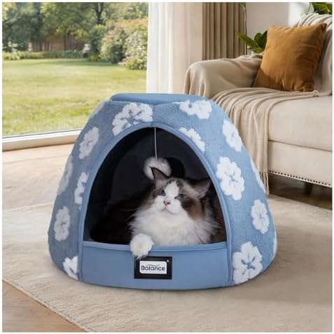 BALANCE Cat Beds for Indoor Cats, 2-in-1 Cat Bed Cave with Anti-Slip Bottom and Ultra-Soft Plush, Cozy Cats House Tent for Kittens and Small Dogs, 19 Inches, Blue by BalancePet