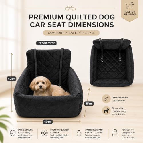 Dog Car Seat with 4 Poo Bag Rolls & Bowl – Booster Seat for Small & Medium Dogs, Detachable Washable Cover, Secure Buckles & Straps, Soft Cotton & Durable Polyester - Image 2