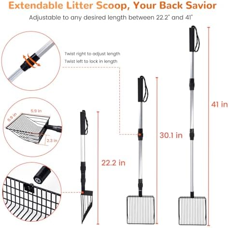 PETOCAT Metal Cat Litter Scoop with Holder, 43" Extendable Long Handle Cat Scooper for Litter Box, Solid & Durable, Deep Shovel for Fast Sifting, Large Pet Pooper Scooper for Kitty/Outside Dog Poop - Image 3