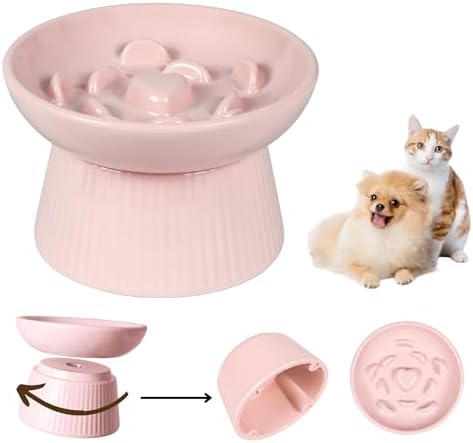 Unbreakable Raised Slow Feeder Bowl for Cats and Small Dogs, Elevated Cat Bowls, Detachable Slow Feede Bowl, Heavy Weighted, Non-Slip Feeder, Whisker Friendly (Pink, Round - 6.2w'' x 1.5h'' inch) by FullCharm