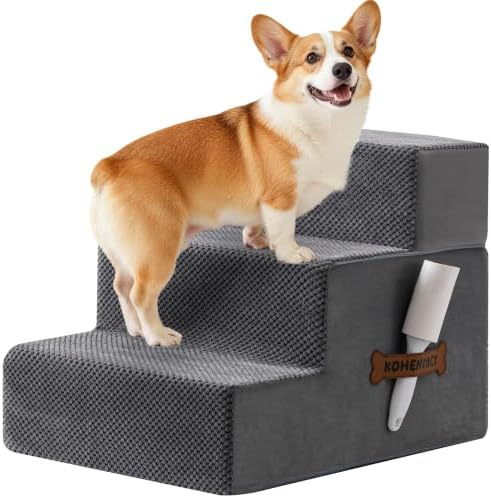 Dog Stairs, Steps and Ramp for High Bed & Sofa, 13-24" H Detachable Pet Stairs for Small Medium Dogs, Sturdy 40D Foam, Non-Slip, Washable Cover with Lint Roller, Grey by Kohentact