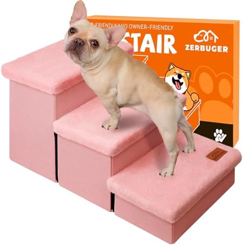 Zerbuger Dog Stairs with Storage, Pink Furry Lids 3 Steps Dog Ramp no Condo by Zerbuger