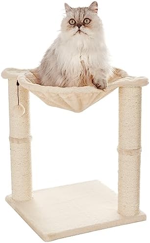 Amazon Basics Cat Tower with Hammock Bed and Scratching Post for Indoor Cats, Easy to Assemble, Interactive Hanging Ball, 15.8" x 15.8" x 19.7", Beige by AmazonBasics