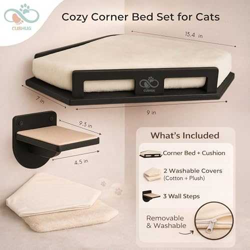 Cat Wall Shelves, Solid Wood Corner Bed, 3 Steps, Up to 25 lb, Black - Image 3