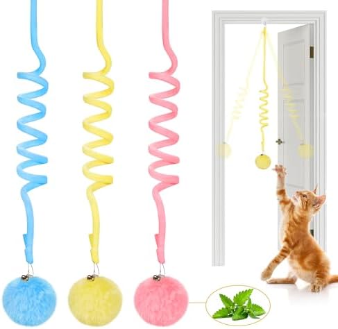 Potaroma Hanging Fluffy Cat Catnip Ball Toys 3 Pcs with Bell, Interactive Cat Teaser Retractable Toys Indoor Kitten Play Chase Exercise Physical Stimulation by Potaroma
