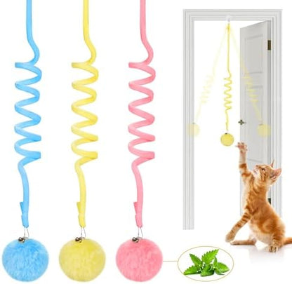 Potaroma Hanging Fluffy Cat Catnip Ball Toys 3 Pcs with Bell, Interactive Cat Teaser Retractable Toys Indoor Kitten Play Chase Exercise Physical Stimulation by Potaroma