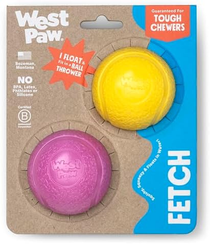 WEST PAW Boundr Ball Dog Fetch Toy – Bouncing Toys for Dogs, Fetch, Catch, Chewing, Play – Floatable, Recyclable Balls – Small Dandelion Yellow/Hot Pink 2-Pack by WestPaw