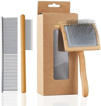 Slicker Brush for Long Haired Dogs, Wooden Ergonomic Handle by Werduoland