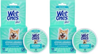 Wet Ones for Pets Hypoallergenic Face Cleansing Pads for Dogs, Fragrance Free - Small, Disposable Round Dog Face Cleaning Wipes, Extra Gentle, 50 Count (Pack of 2) by WetOnes