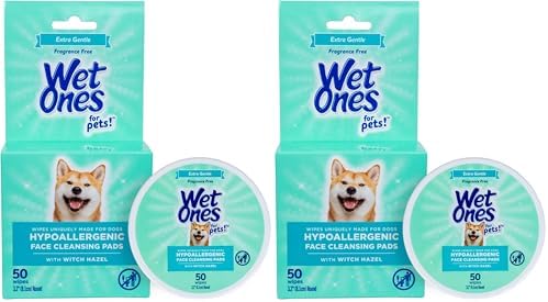 Wet Ones for Pets Hypoallergenic Face Cleansing Pads for Dogs, Fragrance Free - Small, Disposable Round Dog Face Cleaning Wipes, Extra Gentle, 50 Count (Pack of 2) by WetOnes