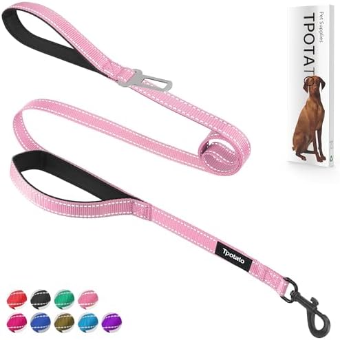 6 Foot Pink Dog Leashes for Large Medium and Small Breed Dogs That Pull,Reflective Nylon Heavy Duty Dog Leash with 2 Comfortable Padded Traffic Handles and Car Seat Belt for Walking and Training by Tpotato