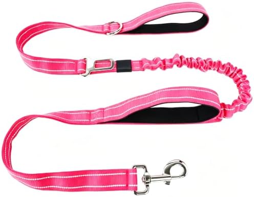 Bungee Dog Leash 5FT-6FT Shock Absorbing, Heavy Duty Tactical Dog Lead with Padded Double Handles, Car Seat Belt, No Pull Reflective Training Leashes for Medium Large Dogs (Hot Pink) by Fidohug