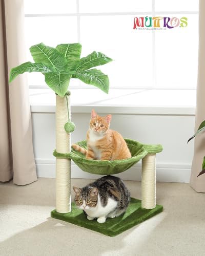 MUTTROS Small Cat Tree, 28" Cat Tower with Sisal Scratching Posts and Coconut Leaves for Indoor Small Cats, Large Hammock and Dangling Ball for Kittens, Green - Image 2