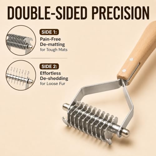 ROCK APE Undercoat Rake for Dogs & Cats, Dual-Sided Dematting Comb and Deshedding Tool for Mats, Tangles & Loose Fur, Rounded Teeth, Natural Wood Handle, Small 13+7 Teeth - Image 4