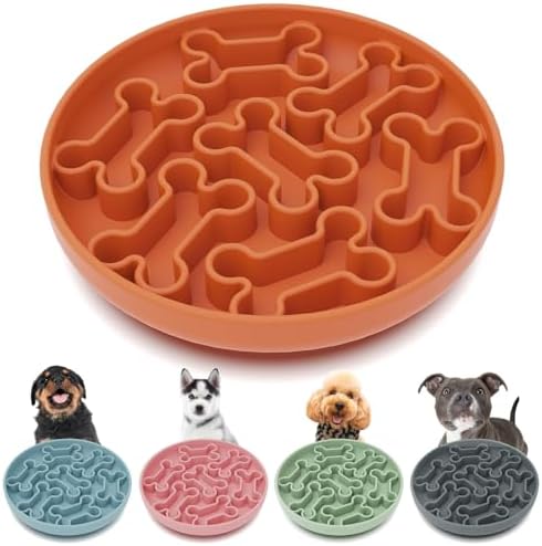 Silicone Slow Feeder Dog Bowl – Orange Bone Pattern | Food-Grade Non-Slip Dog Dish for Anti-Bloat, Fast Eating Prevention, 7.5” x 1.5”, Dishwasher Safe by AXEFUN