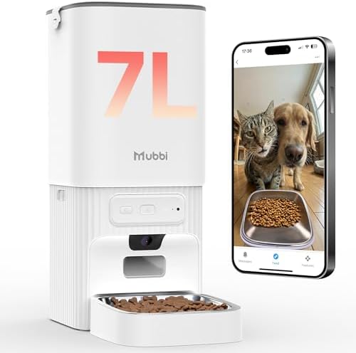 Automatic Cat Feeder with Camera - 5G WiFi Cat Food Dispenser with Night Vision, 7L Dog Feeder Automatic, 1-15 Meals, 1-99 Portions, 2-Way Audio, Jam Free, 10s Voice Recording, Timed Auto Pet Feeder by Mubbi