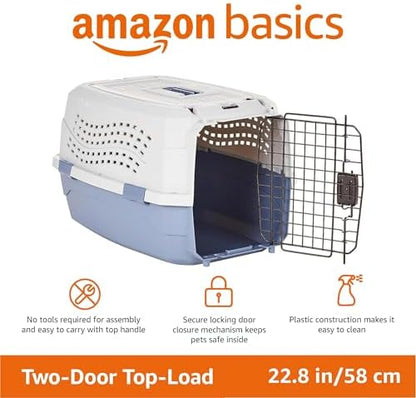 Amazon Basics Sturdy Portable 2-Door Top-Load Hard-Sided Pet Travel Carrier with Secure Ventilation, Handle, Front & Top Entry for Dogs, Cats, 22.8"L x 15"W x 13"H, Gray & Blue - Image 2