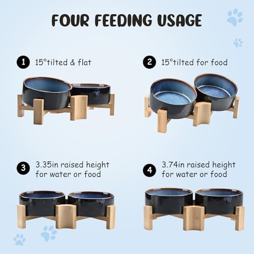 SPUNKYJUNKY 15° Slanted Ceramic Dog and Cat Bowl with Wooden Stand, Tilted Bulldog Food and Water Bowl No Slip Non-Spill for Cats Medium Dogs Big Face Pets 13.5 OZ (1.7 Cups, Starry Blue × 2) - Image 3