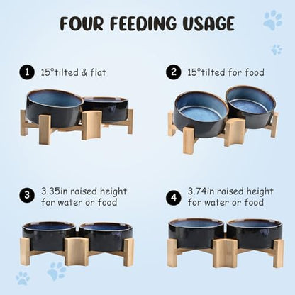 SPUNKYJUNKY 15° Slanted Ceramic Dog and Cat Bowl with Wooden Stand, Tilted Bulldog Food and Water Bowl No Slip Non-Spill for Cats Medium Dogs Big Face Pets 13.5 OZ (1.7 Cups, Starry Blue × 2) - Image 3