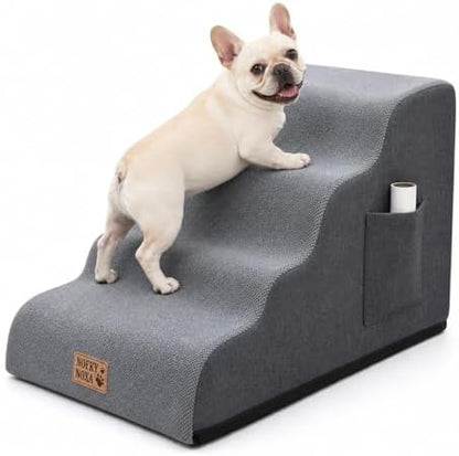 4-Step Dog Stairs for Small Dogs & Cats, 13.8" H Non-Slip Pet Steps with Side Storage Pocket, Sturdy High Density Foam Dog Ramp for Sofa, Couch & Chair, Washable Cover, Grey by NOFKYNOXA