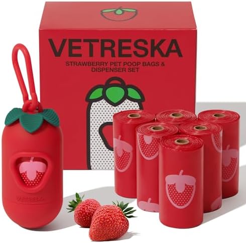 VETRESKA Dog Poop Bag Dispenser with Strawberry Scented Bags, 105 Counts by VETRESKA