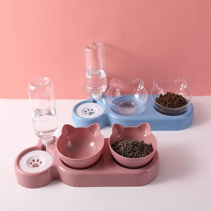 Triple Cat Bowls for Food and Water, Plastic Raised Cat Dishes, Automatic Water Bottle 3 in 1 Pet Bowls 2 Food Bowls and Water Feeder Set Wet Dry Food Bowl Set for Cats Puppy Small Dogs (Grey)