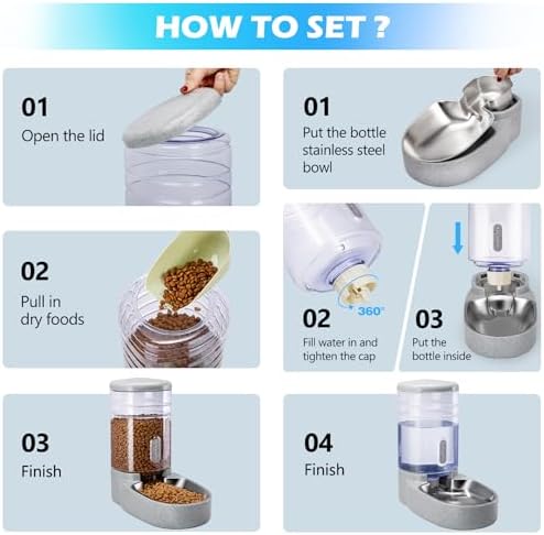 Automatic Cat Feeder and Water Dispenser with Stainless Steel Bowl Gravity Food Feeder and Waterer Set for Small Medium Dog Puppy Kitten 1 Gallon x 2(Grey) - Image 4