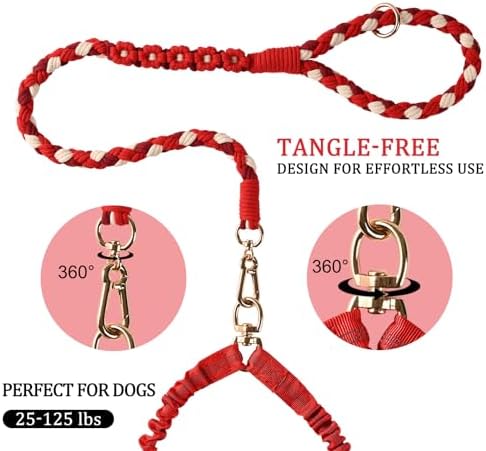 Dual Dog Leash,Double Dog 360 Swivel No Tangle Walking Leash,Comfortable Shock Absorbing Reflective Bungee for Two Dogs（Red） - Image 2