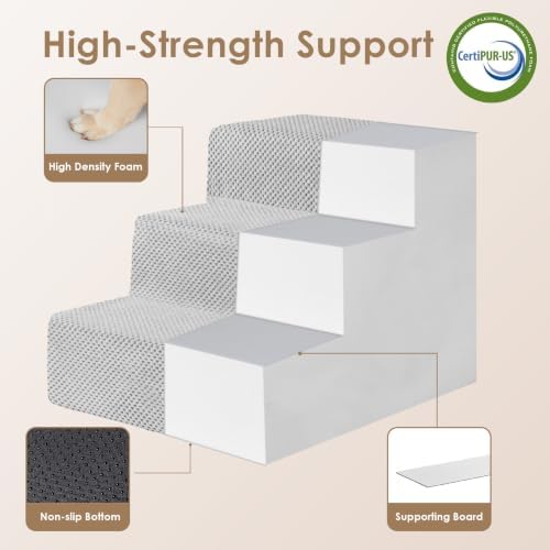 EHEYCIGA Dog Stairs 13.5" H, 3-Step Extra Wide Dog Steps, Light Grey - Image 4