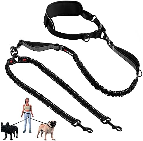 Tuff Pupper Heavy Duty Hands Free Dog Leash | Two Small/Medium Dogs Up to 90 lbs | Comfortable Shock Absorbing Bungee | Reflective Padded Handles | Lumbar Waist Belt 28-50" | Jogging Running Leash by TuffPupper