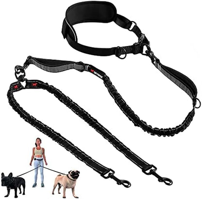 Tuff Pupper Heavy Duty Hands Free Dog Leash | Two Small/Medium Dogs Up to 90 lbs | Comfortable Shock Absorbing Bungee | Reflective Padded Handles | Lumbar Waist Belt 28-50" | Jogging Running Leash by TuffPupper