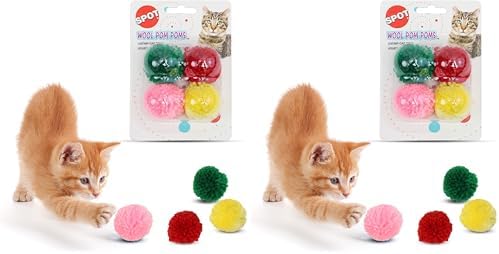 SPOT Wool Pom Poms Cat Toy - Interactive Wool Balls Cat Toy with Catnip for Cats and Kittens to Bite, Swat and Chase - 1.5 inch, 4 pcs (Pack of 2) by SPOT