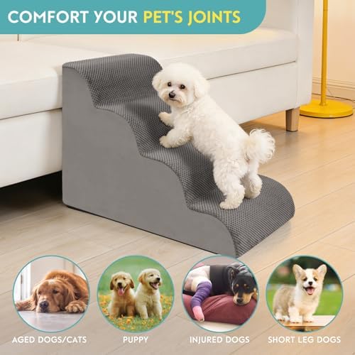 Dog Stairs for Small Dogs, 19.7" H Pet Stairs 4-Steps Ramp for Puppy, Older Cat, Stairs with Whole 30D High Density Foam, Corduroy Fabric, Non-Slip Bottom Dog Steps for Bed and Couch (Grey, 4-Step) - Image 7
