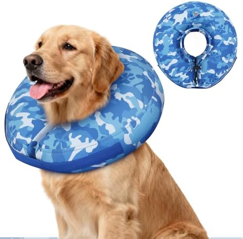 IEUUMLER Inflatable Recovery Dog Cone Collar, Neck Donut Protective ECollar, Adjustable Soft Collar for Dog and Cat After Surgery Prevent from Biting & Licking EU020 Blue Camo L+ by IEUUMLER