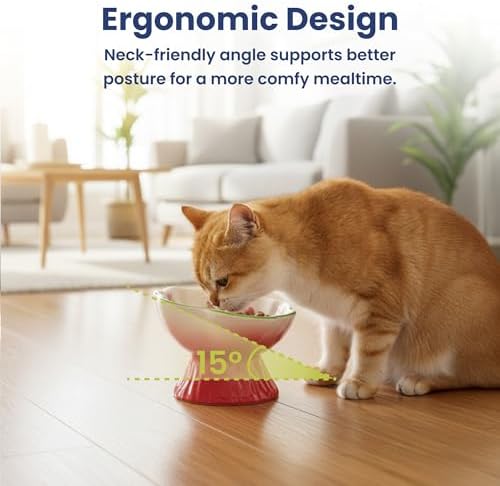PawsPik Strawberry Blooms Elevated Ceramic Cat Bowl, Red - Image 3