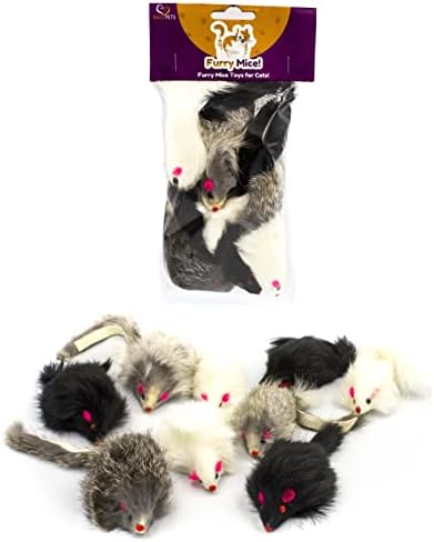 10 Giant Furry Mice with Catnip and Rattle Sound Made of Real Rabbit Fur Interactive Catch Play Mouse Toy for Cat, Pack of 10 Mice by AXEL+PETS