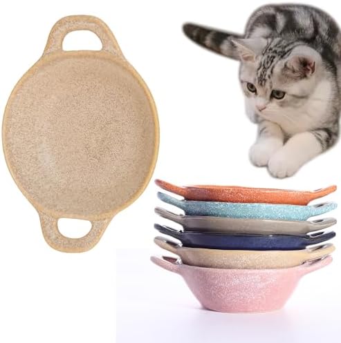 Ceramic Cat Bowl Cats Dishes for Food and Water, 8.3 Inch Dog Bowls, 7 oz Ceramic Cat Food Bowl, Whisker Fatigue Pet Plate, Pet Water Bowls with Handle Perfect for Indoor Cats (Khaki) by Padolitlay