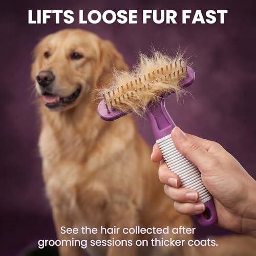 POODLIE Poodle Pet Dog Grooming Rake| Dematting Tool with Stainless Steel Shedding Comb for Pets | 2 Rows of Pins Gently Remove Loose or Tangled Hair from Undercoat | Purple Handle - Image 3