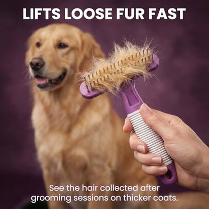 POODLIE Poodle Pet Dog Grooming Rake| Dematting Tool with Stainless Steel Shedding Comb for Pets | 2 Rows of Pins Gently Remove Loose or Tangled Hair from Undercoat | Purple Handle - Image 3