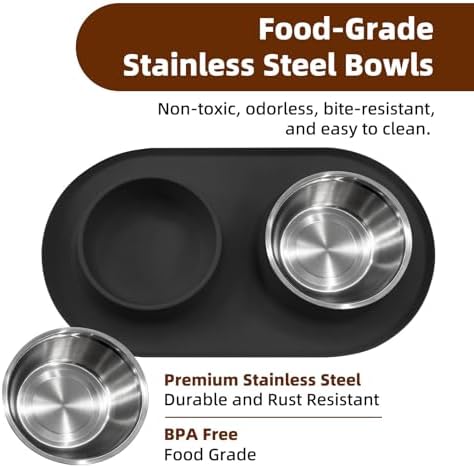 Double Cat Food Bowls with Silicone Base, Stainless Steel Dishes, Non-Slip Feeding & Water Station, Easy-Clean Pet Bowls for Cats, 1.75-Cup Capacity Each, Black - Image 4