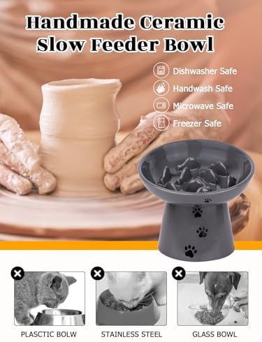 Y YHY Slow Feeder Cat Bowl, Ceramic Cat Slow Feeder Bowl, 6 Inches, Elevated, Anti Vomiting for Dry and Wet Food, Gray - Image 6