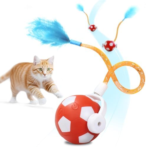 Interactive Cat Toys with Feather Snappy Tail for Bored Indoor Adults Cats, Safe Rolling Toys Ball with 3 Models, Automatic Cats Toy for Any Floor, Electric Moving Cat Enrichment Toy by OOSOFITT