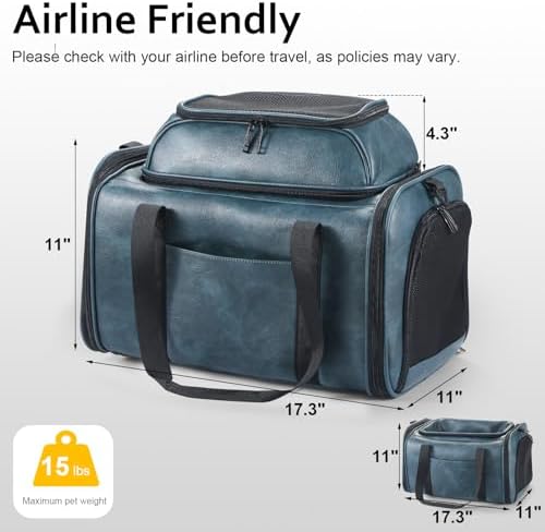 Premium Leather Top Expandable Pet Carrier for Small Dogs & Cats Under 15 lbs, Airline Approved Collapsible Soft-Sided Luxury Travel Bag Blue - Image 2