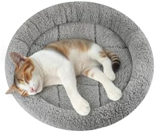 Enjoying Small Cat Bed Mat, 11.81" Round, Self Warming Cat Mat with Pillow Around, Dog Kitty Curling Sleep Cushion, Soft Kitten Pad for Carrier/Crate, Rabbit Warm Bed, Antiskid Bottom, Small by Enjoying
