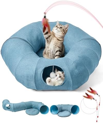 Odoland Linen Cat Tunnels with Central Cat Bed, Interactive Cat Toys Detachable Washable Soft Mat Large Indoor Play Tunnel Cave for Kittens and Small Animals by Odoland