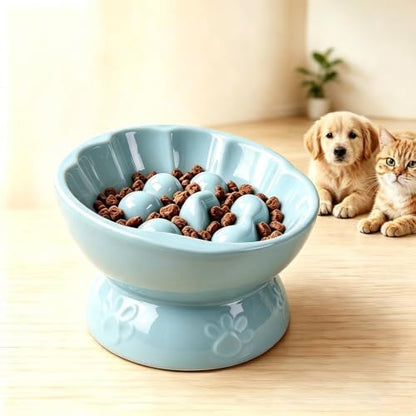 Ceramic Slow Feeder Cat Bowl, Elevated Tilted Design, Blue by Unknown